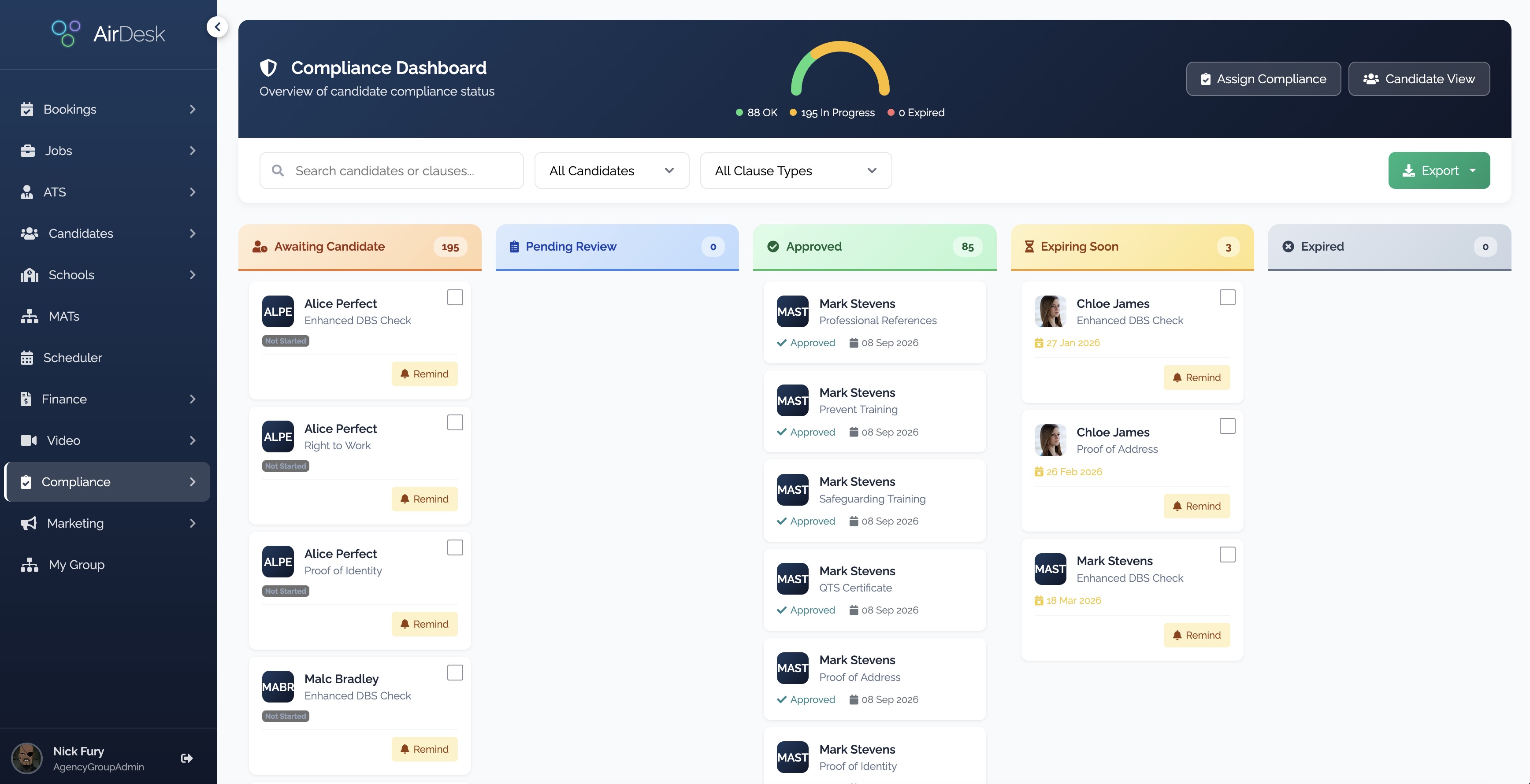 AirDesk Compliance Dashboard with Kanban board showing candidate compliance status across all stages